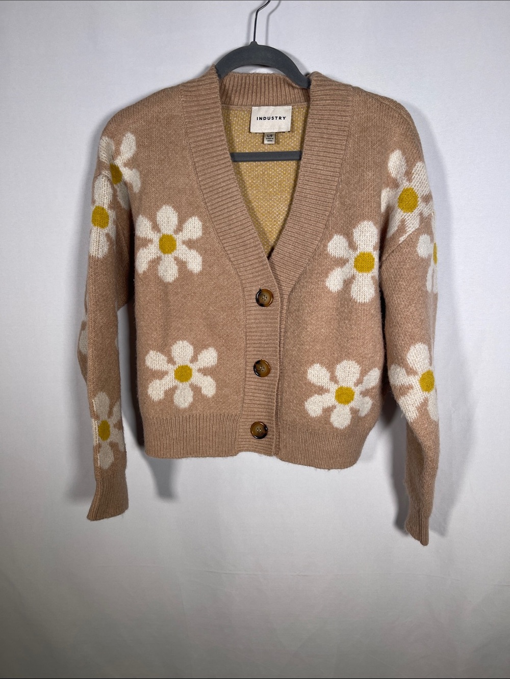INDUSTRY WOMENS BEIGE YELLOW FLORAL CARDIGAN SWEATER LARGE